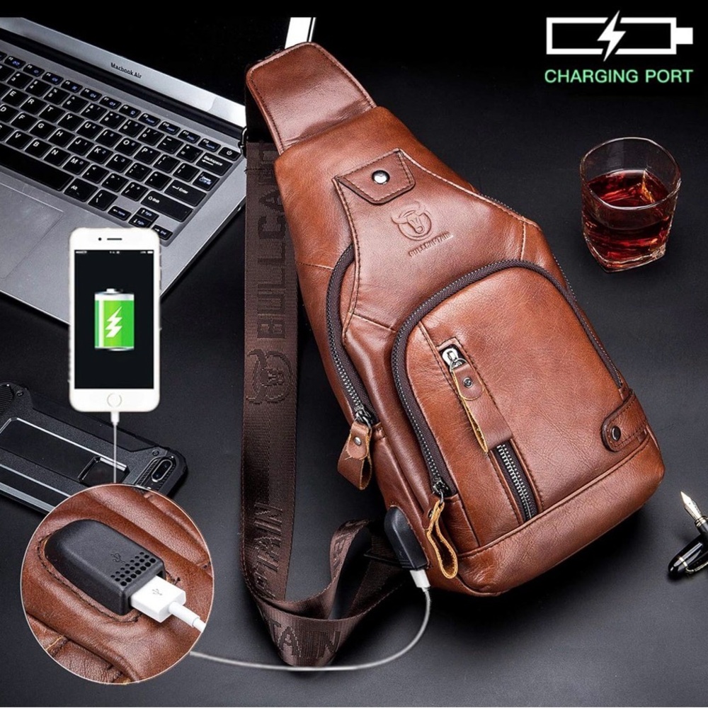 BULLCAPTAIN Genuine Leather Sling Bag with USB Charging Port